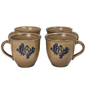 Pfaltzgraff Folk Art Soneware Cafe Mug, Discontinued Print, Set Of 4, Tan/Blue